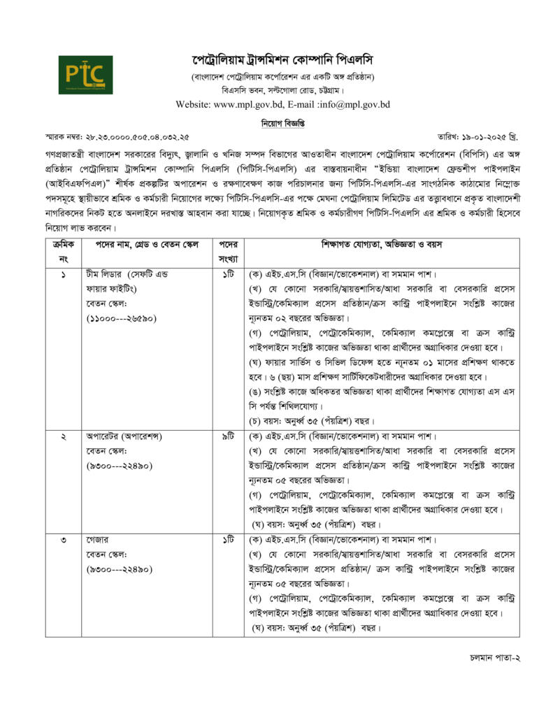 পেট্রোলিয়াম ট্রান্সমিশন কোম্পানি পিএলসি নিয়োগ বিজ্ঞপ্তি-bdamargoal