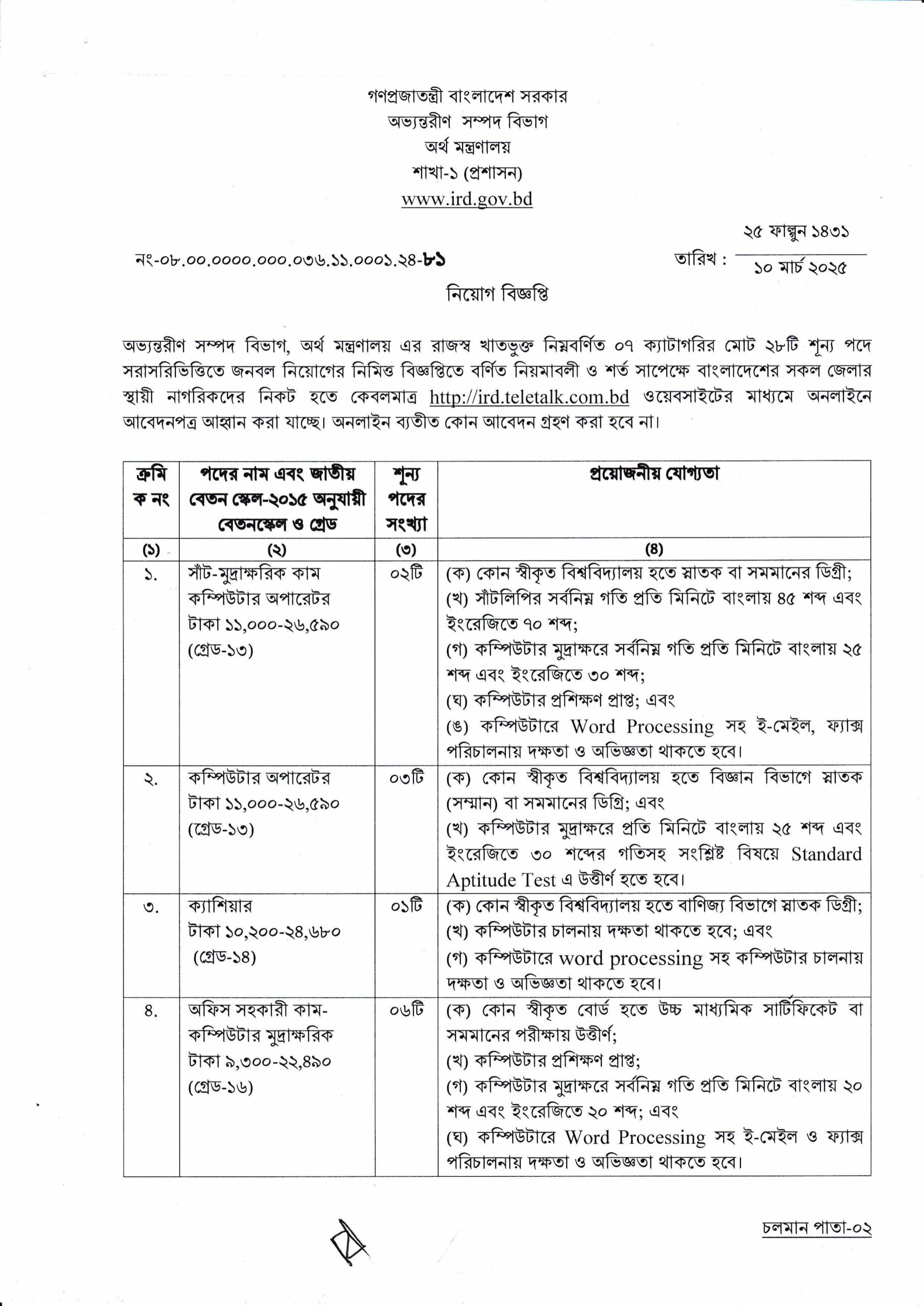 অর্থ মন্ত্রনালয়ে একাধিক পদে চাকরির সুযোগ ২০২৫ 2 IRD bdamargoal 0 scaled